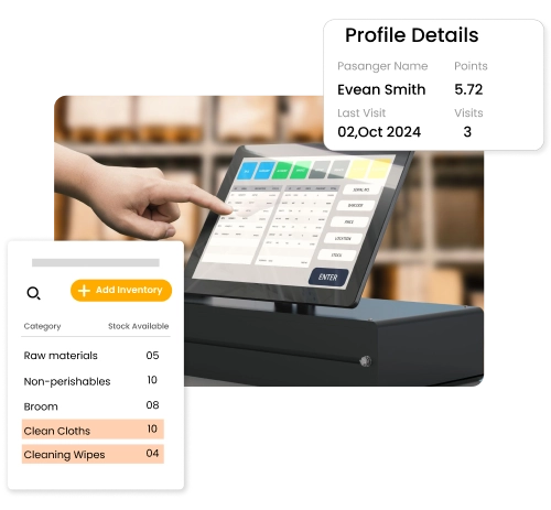 A person reviews a tablet showcasing a point-of-sale system in a professional hotel setting.